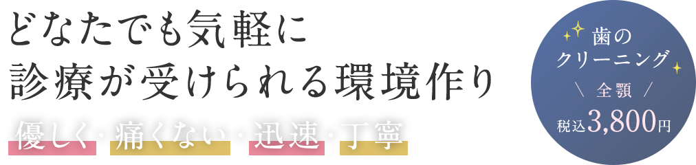 どなたでも気軽に診療が受けられる環境作り 優しく・痛くない・迅速・丁寧 歯のクリーニング全顎税込3,800円